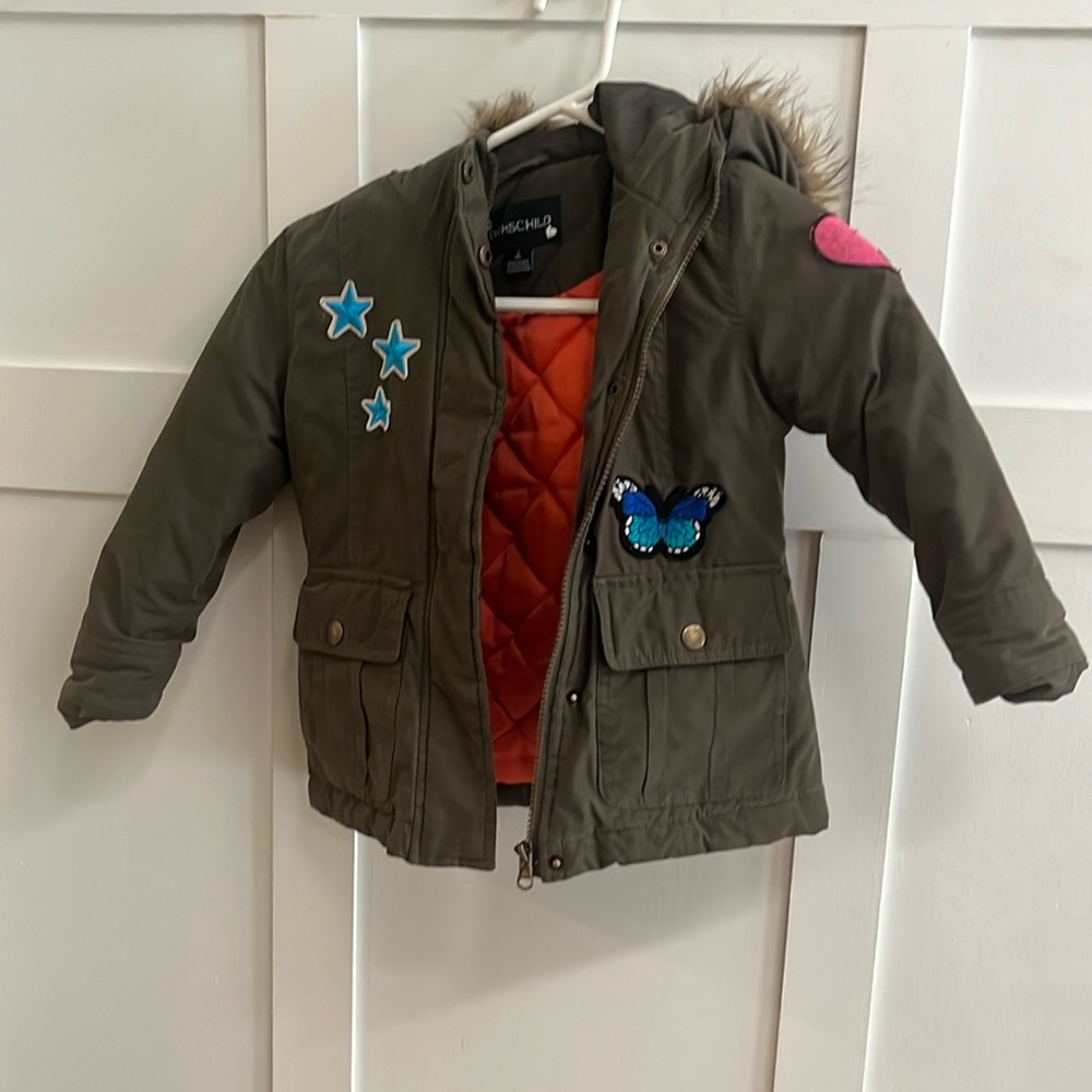 Rothschild 4T army green winter coat with faux fur and cute patches